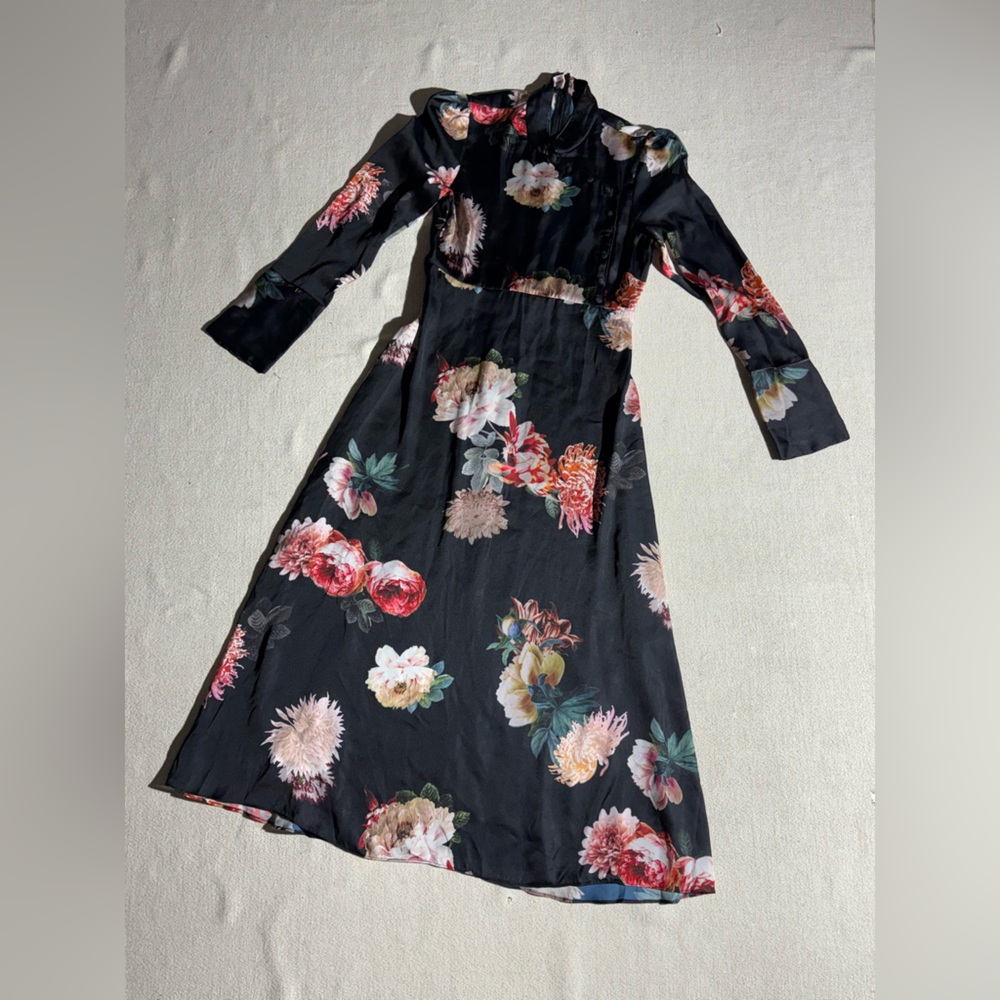 Zara Women AW17 Printed Floral Satin Midi  Dress With Mandarin Collar - Picture 4 of 9